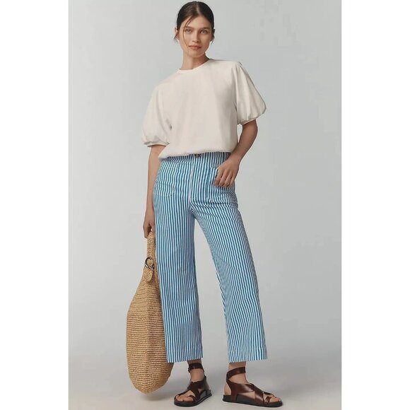 Anthropologie Maeve Colette Crop Linen Pants Wide Leg Blue Stripe 24W NWT - Picture 4 of 16